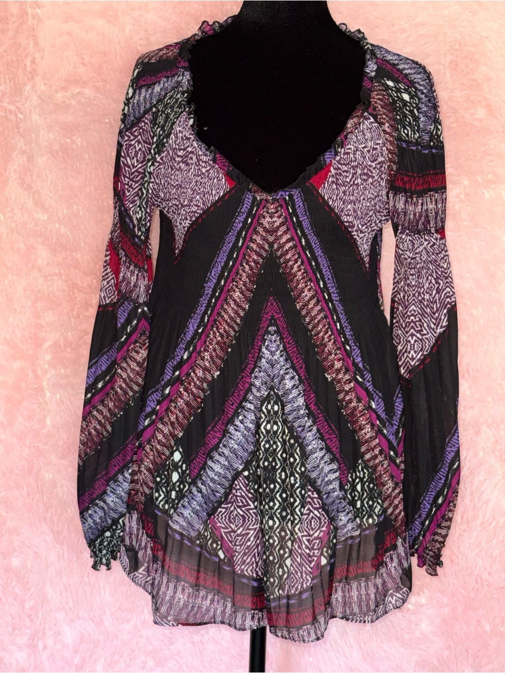 Valerie Stevens M Boho Abstract Print Sheer Tunic Blouse Purple